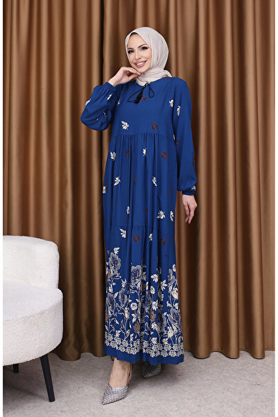 sefamerve Viskon Desenli Elbise 4080-02 Petrol