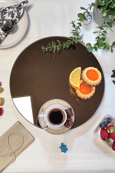Sunum360 Bronze Mirror, Luxury Serving Presentation Plate with Rotating Stand, Rotating Cake and Cheese Plate Stand
