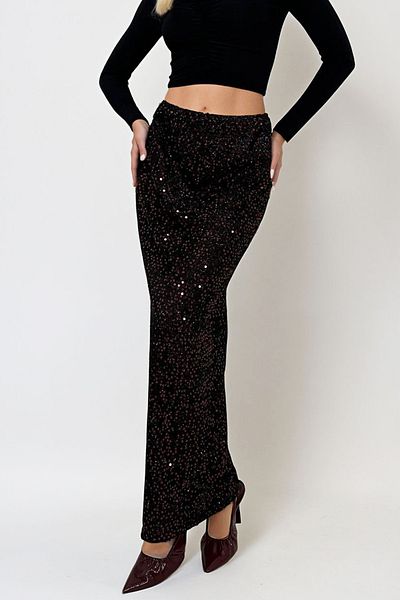 VAGGON Women's Burgundy High Waist Sequin Sequin Maxi Length Skirt Prmx13293