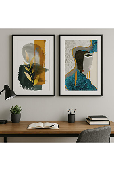 volo dekor Volo Tablo Doğal Ahşap Çerçeveli Soyut Sanat Tablo Seti Ev & Ofis ...