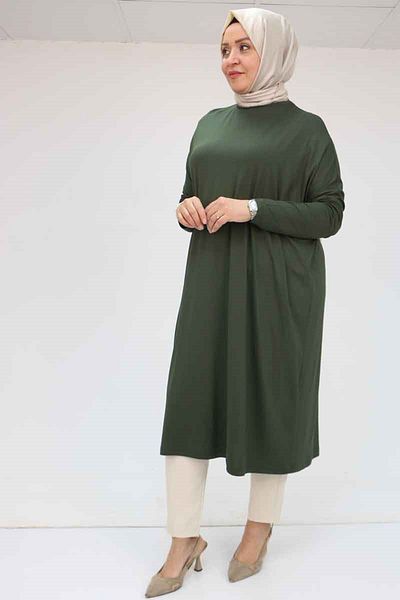 Eslina 28092 Model - Khaki Plus Size Low Sleeve Combed Cotton Tunic