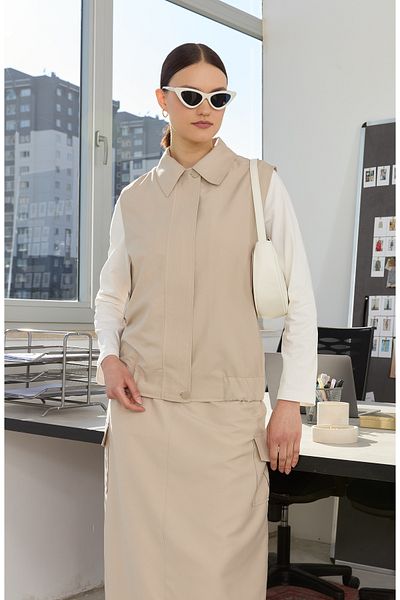 Fatma Atasoy Zippered Stone Midi Trench Vest