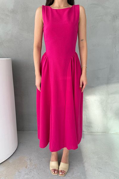Seda Yalçın Atelier Fuchsia Linen Midi Length Princess Dress with Shirred Sides