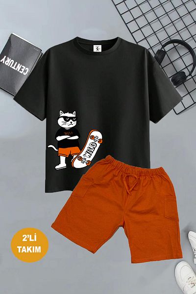 twins tailors Cookie Monster and Cat with Skateboard Printed 2 Pieces Summer T-Shirt-Shorts Children's Set