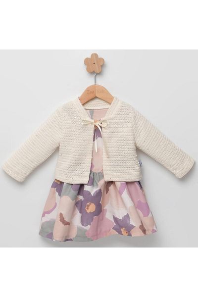 TRENDİMİZBİR Baby Girl Woven Dress with Colorful Floral Print - Rope Straps and Cardigan