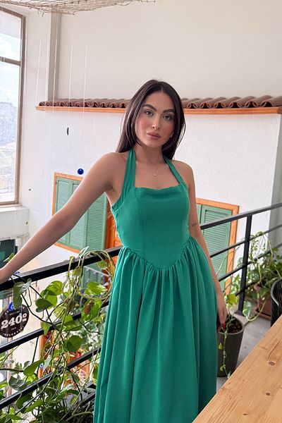 Seda Yalçın Atelier Halter Neck Green Summer Breeze Linen Dress