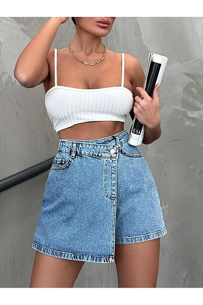 1434 Polo State Fusta scurtă de damă albastru denim cu talie înaltă
