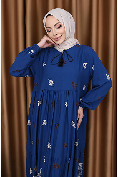 sefamerve Viskon Desenli Elbise 4080-02 Petrol