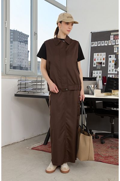 Fatma Atasoy Zippered Bitter Brown Midi Trench Vest