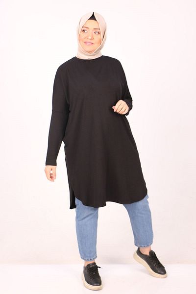 Eslina 38111 Large Size Basic Combed Cotton Tunic - Black