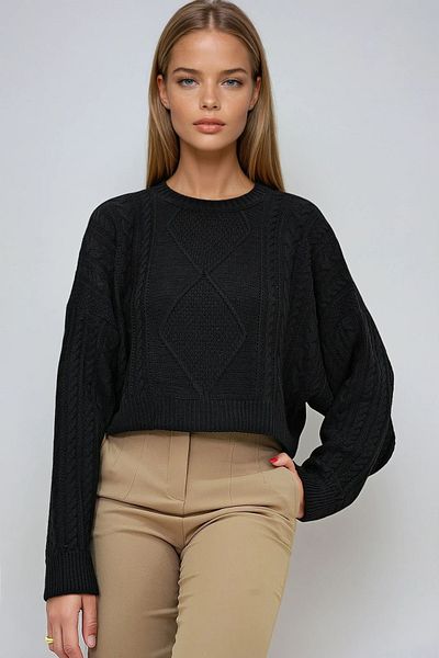 VAGGON Pulover de damă negru cu decolteu cu diamante cu model de diamante Prmx12977