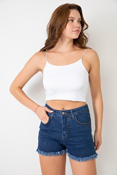 1434 Polo State Kadın Yüksek Bel Yırtmaç Detaylı Denim Kot Şort Mavi