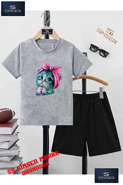 SS SİNSER Children's Cute Cat Custom Printed Crew Neck T-Shirt - Shorts Set