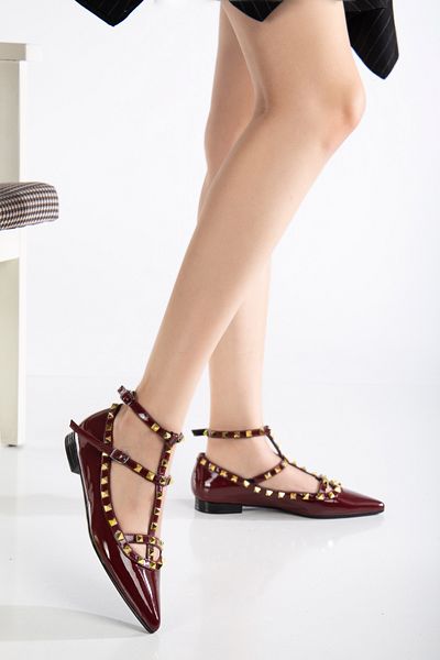 DENORA Pantofi de balerină din piele lacuită burgundă cu vârf ascuțit