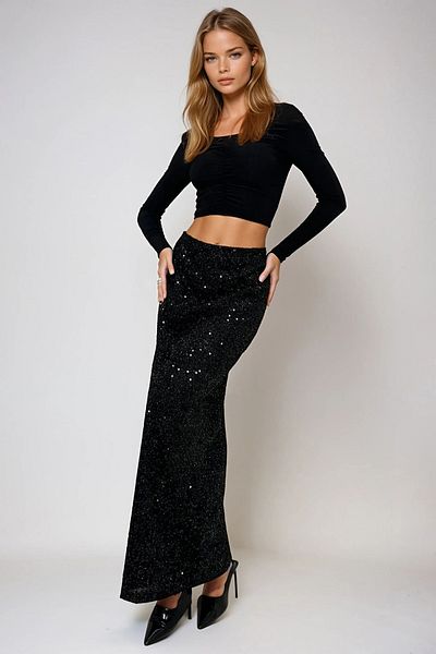VAGGON Women's Black High Waist Sequin Sequin Maxi Length Skirt Prmx13293