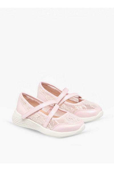 Little Missy Lace Detail Mary Jane Shoes with Hook and Loop Closure