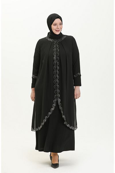 sefamerve Βραδινό φόρεμα με στάμπα πέτρας Plus Size 6070-01 Μαύρο