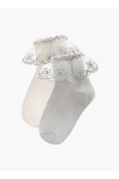 Barefeet Floral Lace Ankle Length Socks with Frill Detail - Set of 3