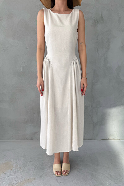 Seda Yalçın Atelier Beige Linen Midi Length Princess Dress with Shirred Sides