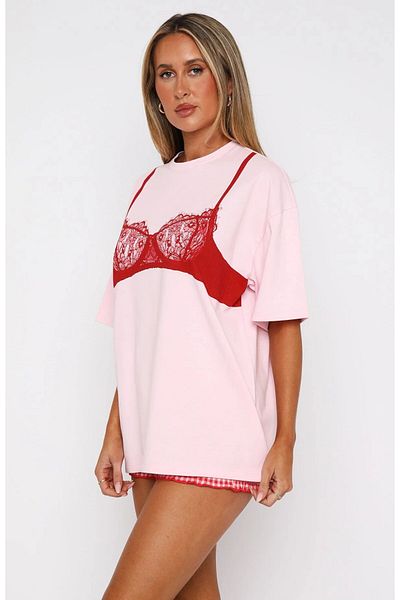 The Champ Clothing Lace Bralet Printed Pink Oversize 100% Cotton Women's T-Shirt