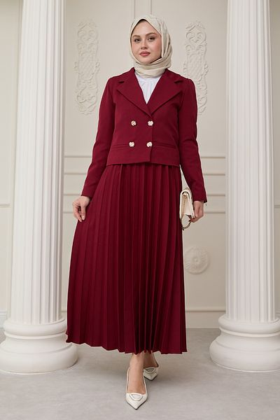 InStyle Costum din două piese cu fustă plisată și jachetă Roșu Claret
