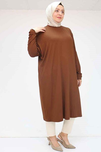Eslina 28092 Model Large Size Low Sleeve Combed Cotton Tunic - Brown