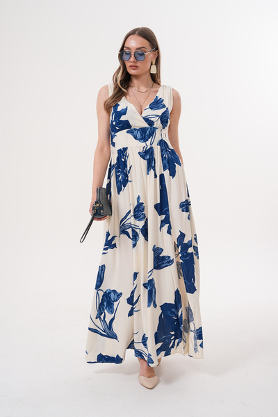 NAVY Διπλό στήθος, αμάνικο φόρεμα με φλοράλ σχέδιο από βισκόζη