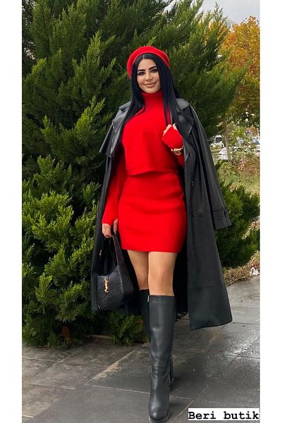BERİ BUTİK Red Skirted Bottom Top Knitwear Set