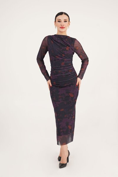 Hipo Trend Büzgü Detaylı Astarlı Maxi Boy Mor Geçişli Elbise