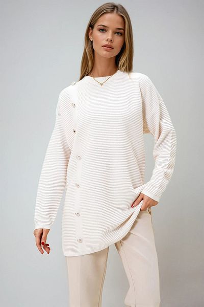 VAGGON Women's Ecru Crew Neck Gold Button Detailed Knitwear Tunic Prmx12988