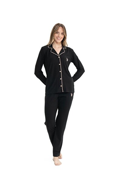 U.S. Polo Assn. Women's Black Pajama Set with Full-Length Pockets Design Boxe...