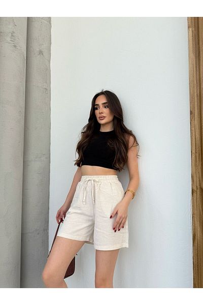 Ozy Fashion Ανοιχτό κρεμ λινό σορτς με διπλή τσέπη με λεπτομέρεια που δένει τη μέση