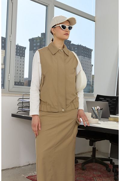 Fatma Atasoy Zippered Milk Brown Midi Trench Vest