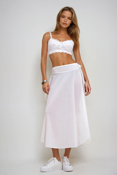 VAGGON Women's White Asymmetrical Cut Waist Tie Skirt Prmx5001