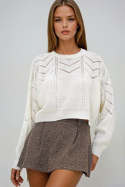 VAGGON Women's Ecru Crew Neck Bat Sleeve Openwork Knitwear Sweater Prmx12976