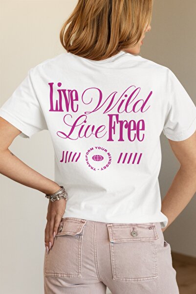 Butik تي شيرت نسائي/رجالي 100% قطن LIVE WILD LIVE FREE TRANSFER مطبوع برقبة د...