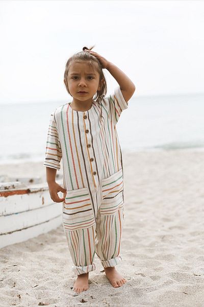 Catz Kids Colorful Thin Thick Striped Linen Short Sleeve Pocket Jumpsuit