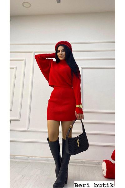 BERİ BUTİK Red Skirted Bottom Top Knitwear Set