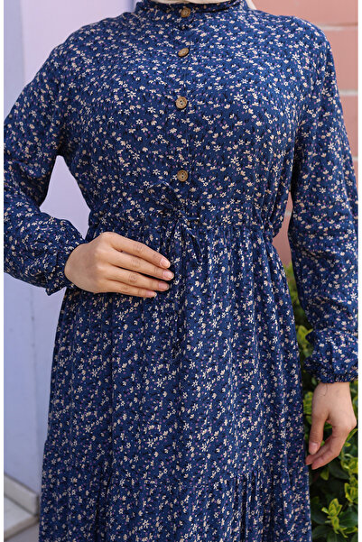 sefamerve Viscose Fabric Half Button Patterned Dress 0043-01 Navy Blue