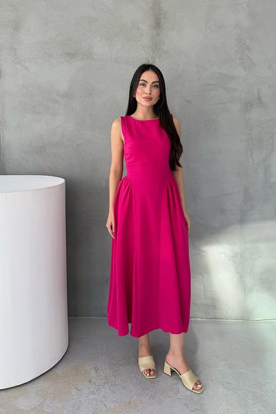 Seda Yalçın Atelier Fuchsia Linen Midi Length Princess Dress with Shirred Sides