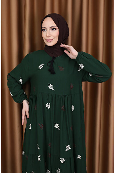 sefamerve Viskon Desenli Elbise 4080-01 Zümrüt Yeşili