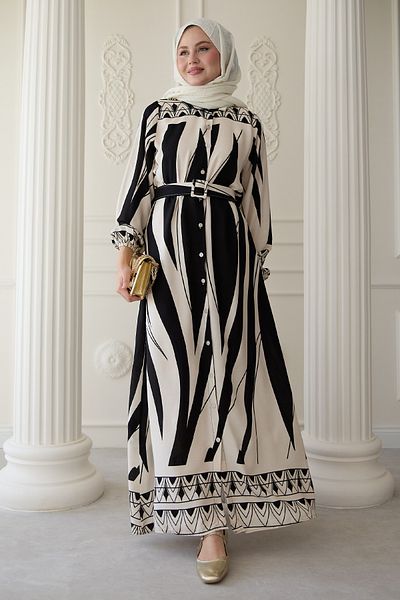 InStyle Patterned Belted Black Viscose Dress