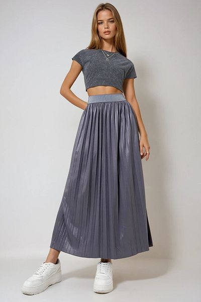 VAGGON Women's Anthracite Elastic Waist Wide Pleated Seasonal Long Skirt Prmx12731