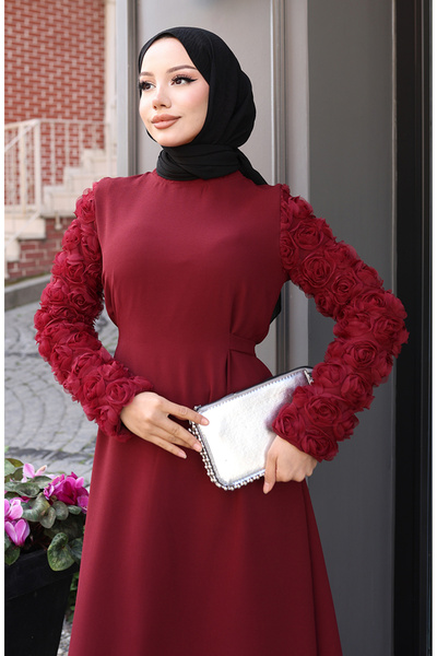 sefamerve Kolları Gül Detaylı Elbise 81886-02 Bordo