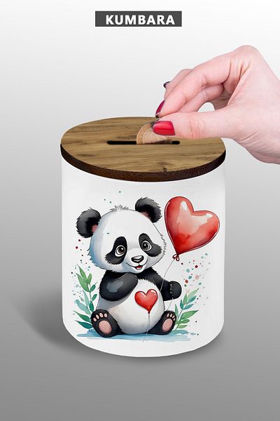 yhfoto Panda Piggy Bank - Heart Balloon, Μικρό Μέγεθος, 9 cm Κεραμικό, 25kkg214