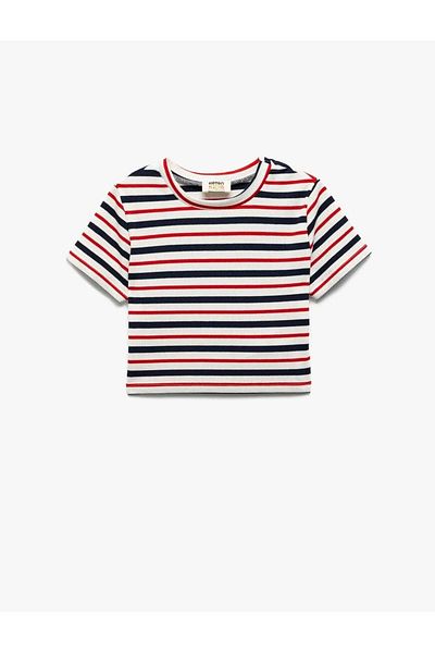 Koton Crew Neck Camisole Striped Ecru Girl's T-Shirt 5Skg10474Ak