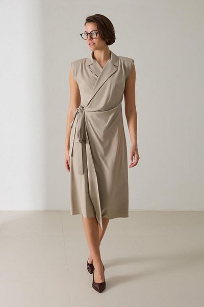 Setre Dark Beige Asymmetrical Neck Waist Tie Detail Sleeveless Midi Dress