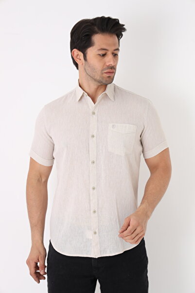 Cordial Чоловіча сорочка з суміші льону та бавовни, прямий крій, короткий рукав, одна кишеня