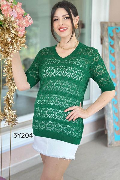 İnce Topuk Openwork V-Neck Mercerized Blouse 5Y204