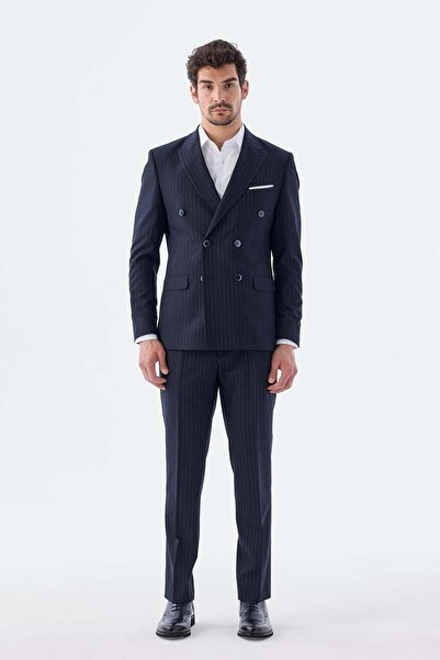 Jakamen Navy Blue Slim Fit Striped Double Breasted Suit